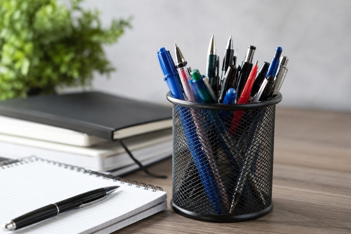 nombreux stylos dans un pot à crayon